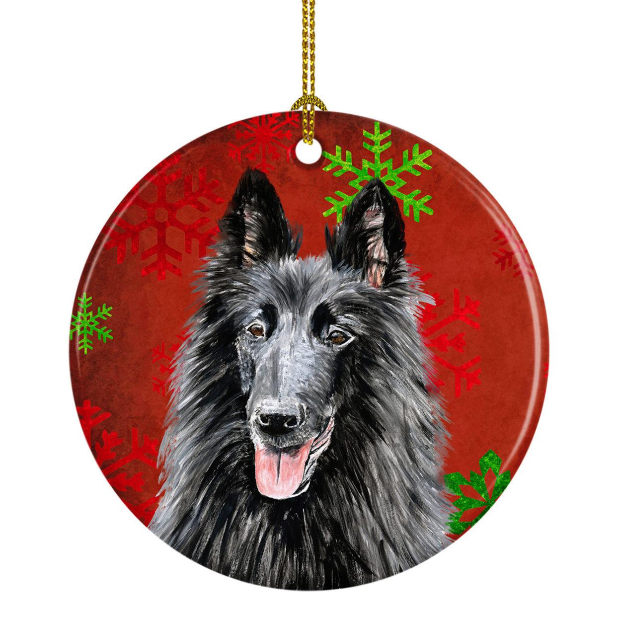 Caroline's Treasures Ornamento Natale In Ceramica - Bearded Collie Con Fiocchi Di Neve Rossi, Diametro 7,1 Cm, Regalo Cane