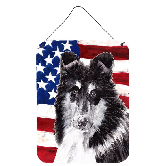 Carolines Treasures SC9630DS1216 Black and White Collie with American Flag USA Wall or Door Hanging Prints 12x16