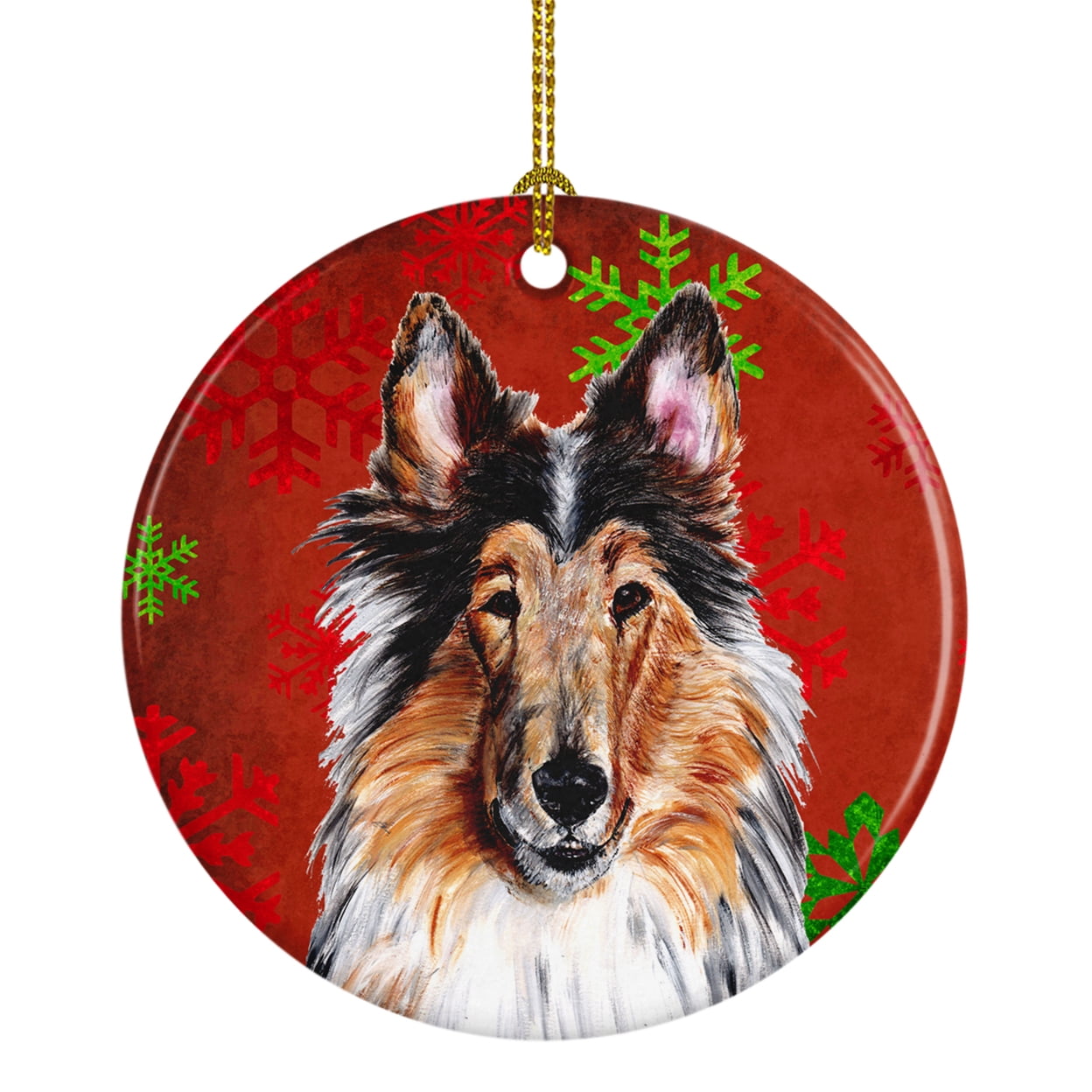 Carolines Treasures SC9742CO1 Collie Red Snowflakes Holiday Ceramic Ornament 3 in multicolor