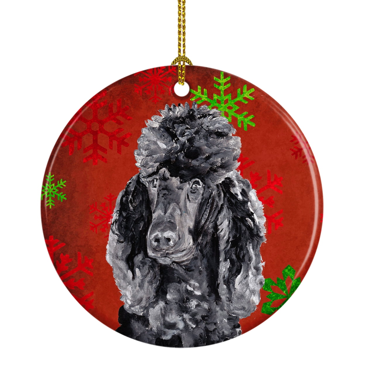 Black Poodle Red Snowflakes Round Porcelain Christmas Ornament