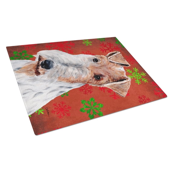 Carolines Treasures SC9748LCB Wire Fox Terrier Large Size Red Snowflakes Holiday Glass Cutting Board
