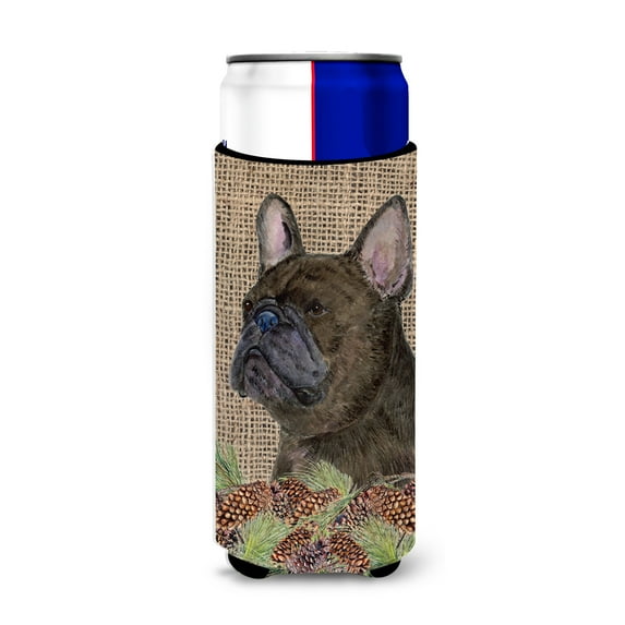 Carolines Treasures SS4063MUK French Bulldog on Faux Burlap with Pine Cones Ultra Hugger for slim cans Slim Can