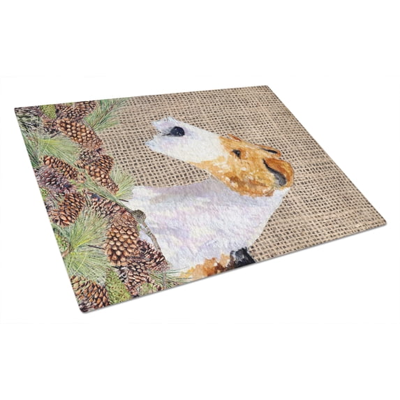 Carolines Treasures SS4069LCB Fox Terrier on Faux Burlap with Pine Cones Glass Cutting Board Large, 12H x 16W,