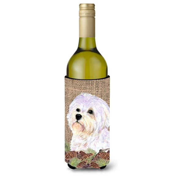 Carolines Treasures SS4072LITERK Maltese on Faux Burlap with Pine Cones Wine Bottle Hugger Wine Bottle multicolor