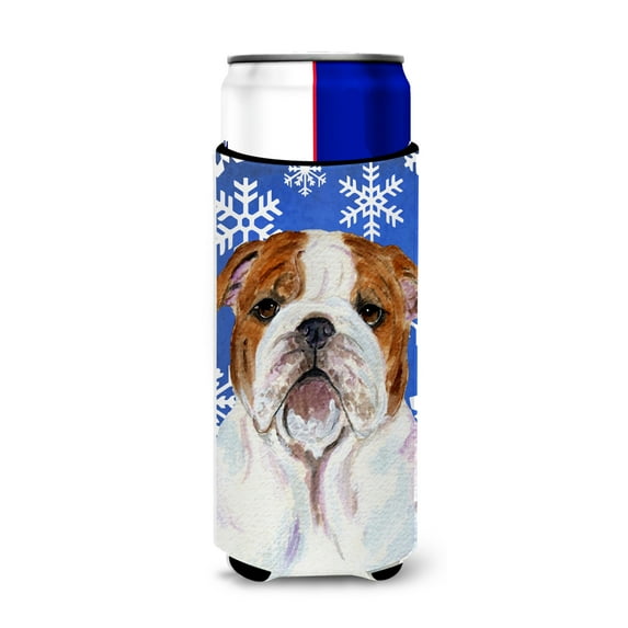 Carolines Treasures SS4622MUK Bulldog English Winter Snowflakes Holiday Ultra Hugger for slim cans Slim Can multicolor