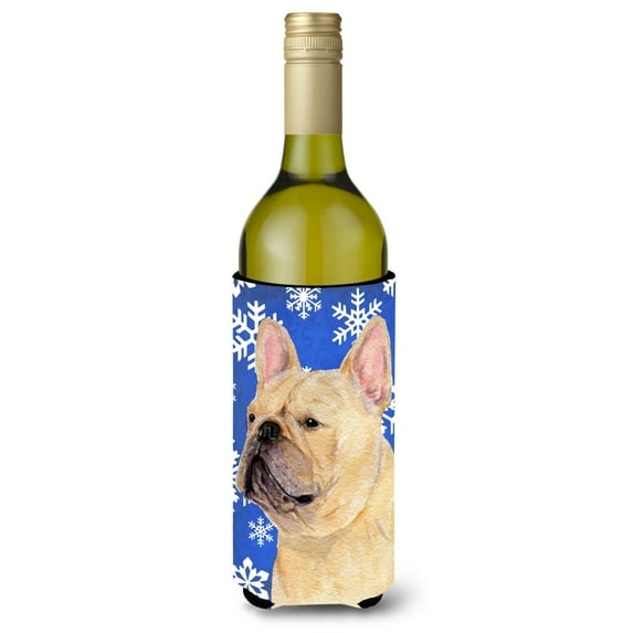 Carolines Treasures SS4623LITERK French Bulldog Winter Snowflakes Holiday Wine Bottle Hugger Wine Bottle multicolor
