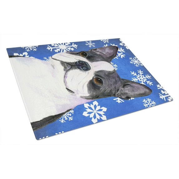 Carolines Treasures SS4654LCB Boston Terrier Winter Snowflakes Holiday Glass Cutting Board Large, 12H x 16W, multicolor