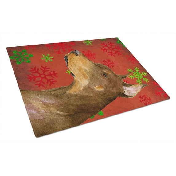 Carolines Treasures SS4675LCB Doberman Red and Green Snowflakes Holiday Christmas Glass Cutting Board Large 12H x 16W