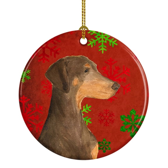 Carolines Treasures SS4686-CO1 Doberman Red and Green Snowflakes Holiday Christmas Ceramic Ornament 3 in multicolor