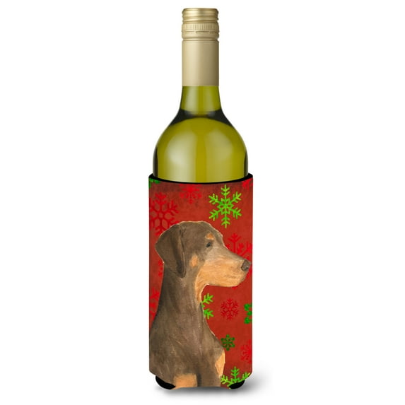 Carolines Treasures SS4686LITERK Doberman Red and Green Snowflakes Holiday Christmas Wine Bottle Hugger Wine Bottle