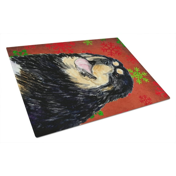 Carolines Treasures SS4719LCB Tibetan Mastiff Red Green Snowflake Christmas Glass Cutting Board Large, 12H x 16W,