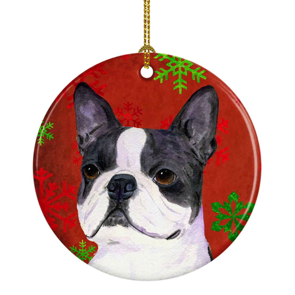 Carolines Treasures SS4723-CO1 Boston Terrier Red Green Snowflakes Christmas Ceramic Ornament 3 in multicolor