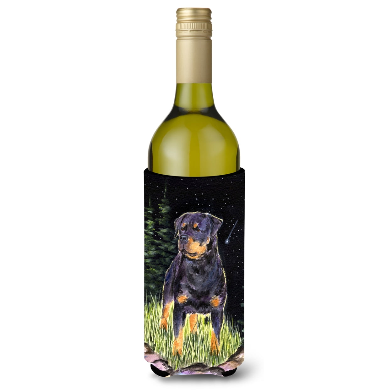 Carolines Treasures SS8475LITERK Starry Night Rottweiler Wine Bottle Hugger Wine Bottle multicolor