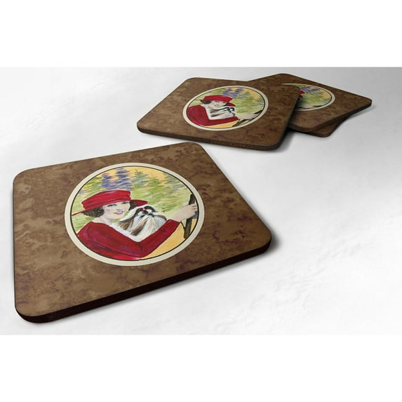 Carolines Treasures SS8539FC Lady driving with her Shih Tzu Foam Coaster Set of 4 3 1/2 x 3 1/2 multicolor