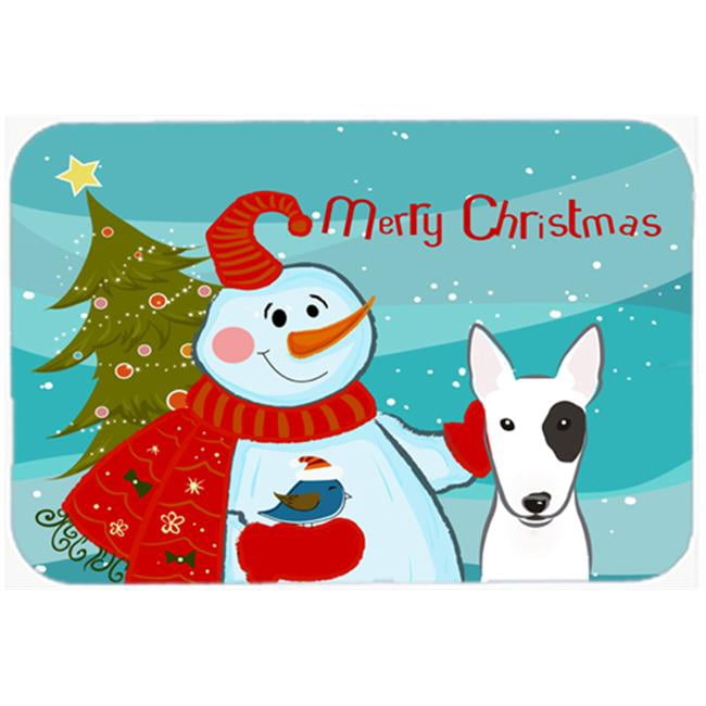 Carolines Treasures Snowman with Bull Terrier Glass Cutting Board Large 12H x 16W multicolor