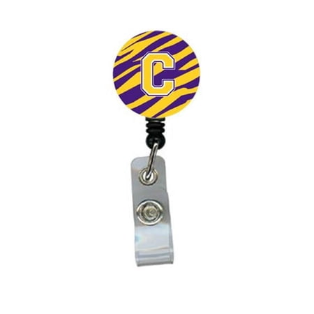 Carolines Treasures Tiger Stripe - Purple Gold Initial C Monogram Initial Retractable Badge Reel or ID Holder with Clip