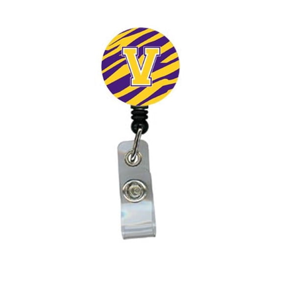 Carolines Treasures  Tiger Stripe - Purple Gold Initial V Monogram Initial Retractable Badge Reel or ID Holder with Clip