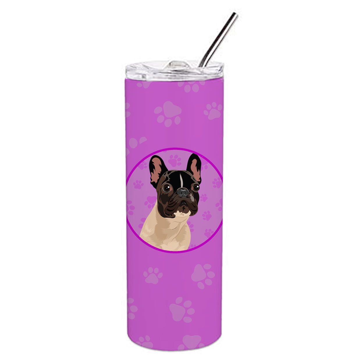 Fawn French Bulldog Pink Flowers Double Walled Stainless  French Bulldog Fawn #3 Stainless Steel 20 oz Skinny Tumbler, Pink display picture 1