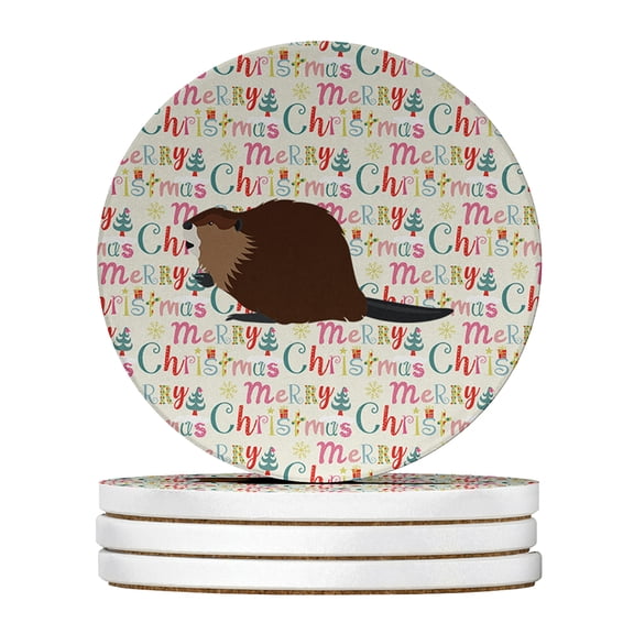 Carolines Treasures WDK2718RCS4 4 x 4 in. Unisex Eurasian Beaver Christmas Large Sandstone Coasters - Pack of 4
