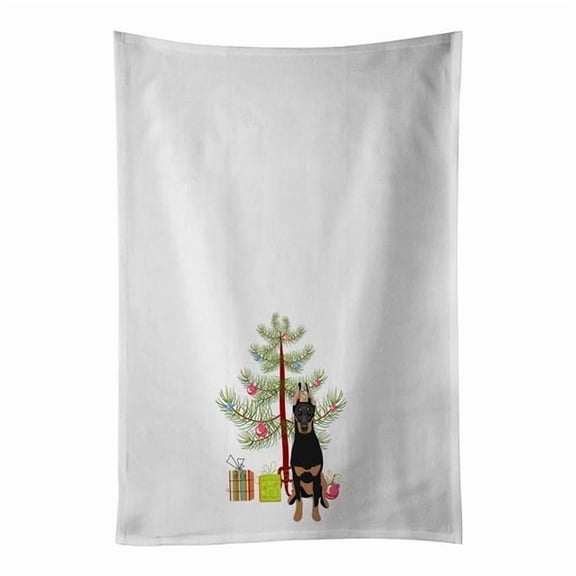 Carolines Treasures WDK2996WTKT 28 x 19 in. Unisex Doberman Pinscher Black & Rust Cropped Ears Christmas White Dish Towels Kitchen Towel - Set of 2
