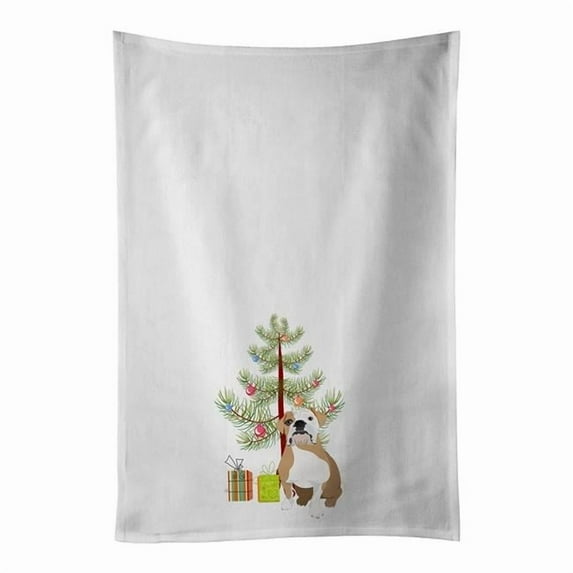 Carolines Treasures WDK3040WTKT 28 x 19 in. Unisex English Bulldog Fawn & White Christmas White Dish Towels Kitchen Towel - Set of 2