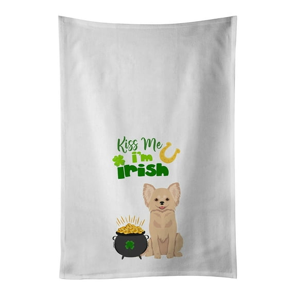 Longhaired Cream Chihuahua St. Patrick's Day White Kitchen Towel Set of 2 Dish Towels 19 in x 28 in