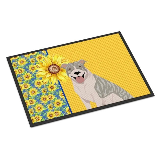 Carolines Treasures WDK5317JMAT 24 x 36 in. Summer Sunflowers Blue Brindle Pit Bull Terrier Indoor or Outdoor Mat