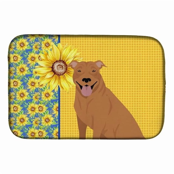 Carolines Treasures WDK5321DDM 21 x 14 in. Summer Sunflowers Red Pit Bull Terrier Dish Drying Mat