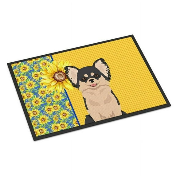 Carolines Treasures WDK5354JMAT 24 x 36 in. Summer Sunflowers Longhaired Black & White Chihuahua Indoor or Outdoor Mat
