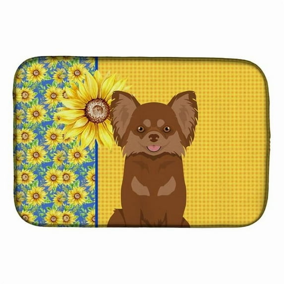 Carolines Treasures WDK5355DDM 21 x 14 in. Summer Sunflowers Longhaired Chocolate & Tan Chihuahua Dish Drying Mat
