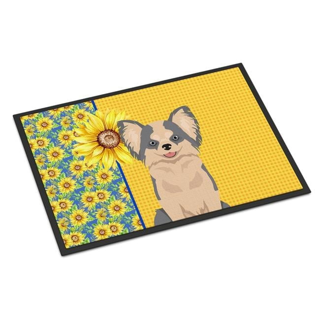 Carolines Treasures WDK5364JMAT 24 x 36 in. Summer Sunflowers Longhaired Blue & White Chihuahua Indoor or Outdoor Mat