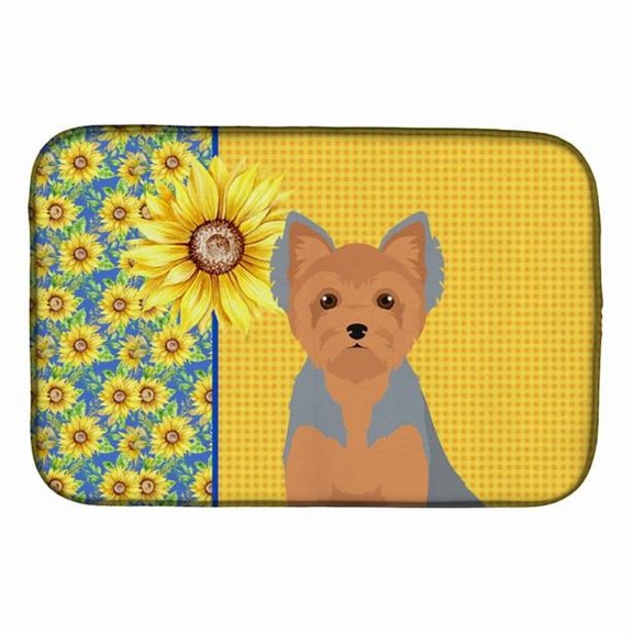 Carolines Treasures WDK5506DDM 21 x 14 in. Summer Sunflowers Blue & Tan Puppy Cut Yorkshire Terrier Dish Drying Mat