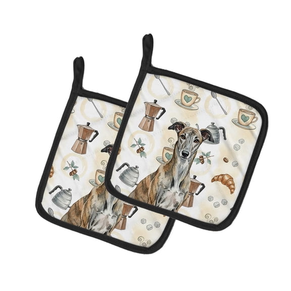 Caroline's Treasures Brindle Greyhound Coffee Bar Pair of Pot Holders Pair 7.5x7.5 Quilted Insulated Hot Pads Decorative Kitchen Gift Made in USA