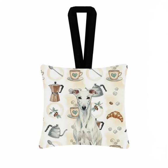 Carolines Treasures WDK7466PO3 3.5 x 3.5 in. White Greyhound Coffee Bar Hanging Square Fabric Ornament
