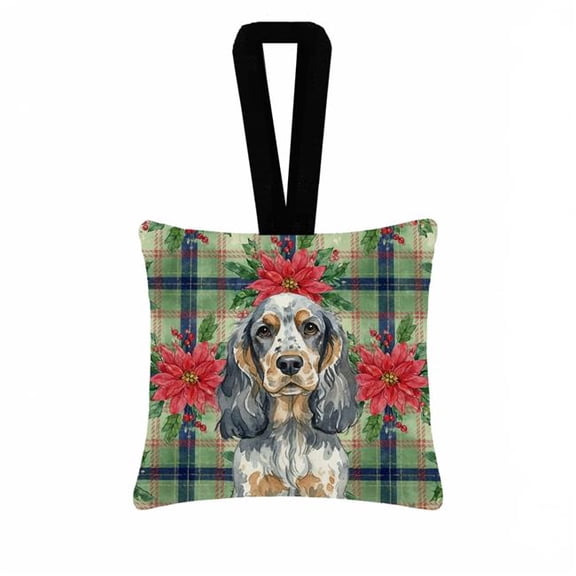 Carolines Treasures WDK8617PO3 3.5 x 3.5 in. Blue Roan & Tan English Cocker Spaniel Christmas Poinsettias Hanging Square Fabric Ornament