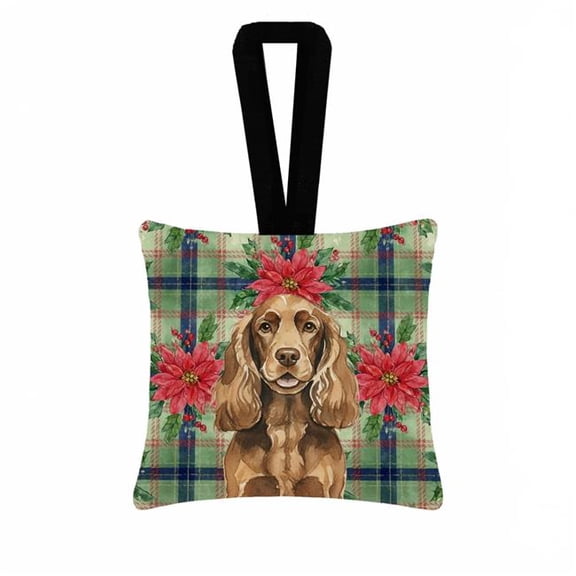 Carolines Treasures WDK8620PO3 3.5 x 3.5 in. Liver English Cocker Spaniel Christmas Poinsettias Hanging Square Fabric Ornament