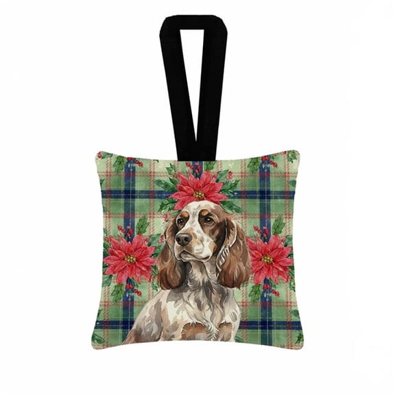 Carolines Treasures WDK8621PO3 3.5 x 3.5 in. Liver Roan English Cocker Spaniel Christmas Poinsettias Hanging Square Fabric Ornament
