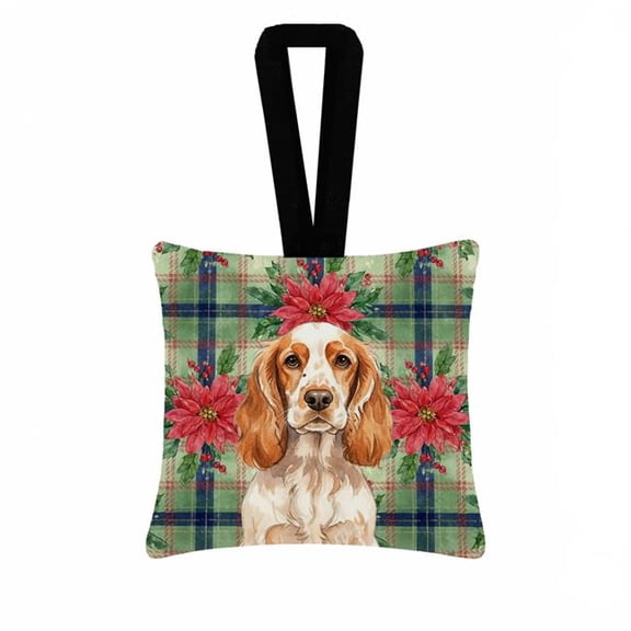 Carolines Treasures WDK8622PO3 3.5 x 3.5 in. Orange Roan English Cocker Spaniel Christmas Poinsettias Hanging Square Fabric Ornament