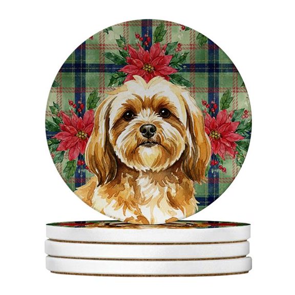 Carolines Treasures WDK8703RCS4 4 x 4 in. Gold Lhasa Apso Christmas Poinsettias Large Sandstone Coasters, Pack of 4