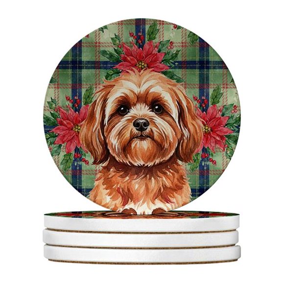 Carolines Treasures WDK8704RCS4 4 x 4 in. Red Lhasa Apso Christmas Poinsettias Large Sandstone Coasters, Pack of 4