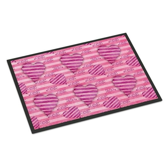 Carolines Treasures Watercolor Hot Pink Striped Hearts Indoor or Outdoor Mat, 18 x 27 in.