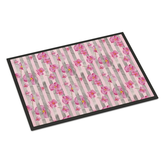 Carolines Treasures BB7502MAT Watercolor Pink Flowers Grey Stripes Indoor or Outdoor Mat, 18 x 27 in.