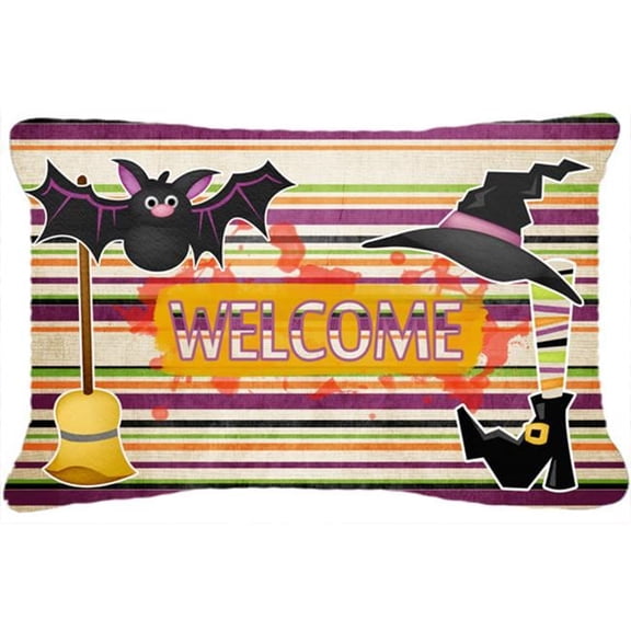 Carolines Treasures Witch Costume And Broom On Stripes Halloween Indoor & Outdoor Fabric Decorative Pillow