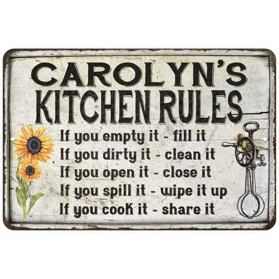 Carolyn's Kitchen Rules Chic Sign Vintage Décor 8 x 12 Matte Finish Metal 108120032045