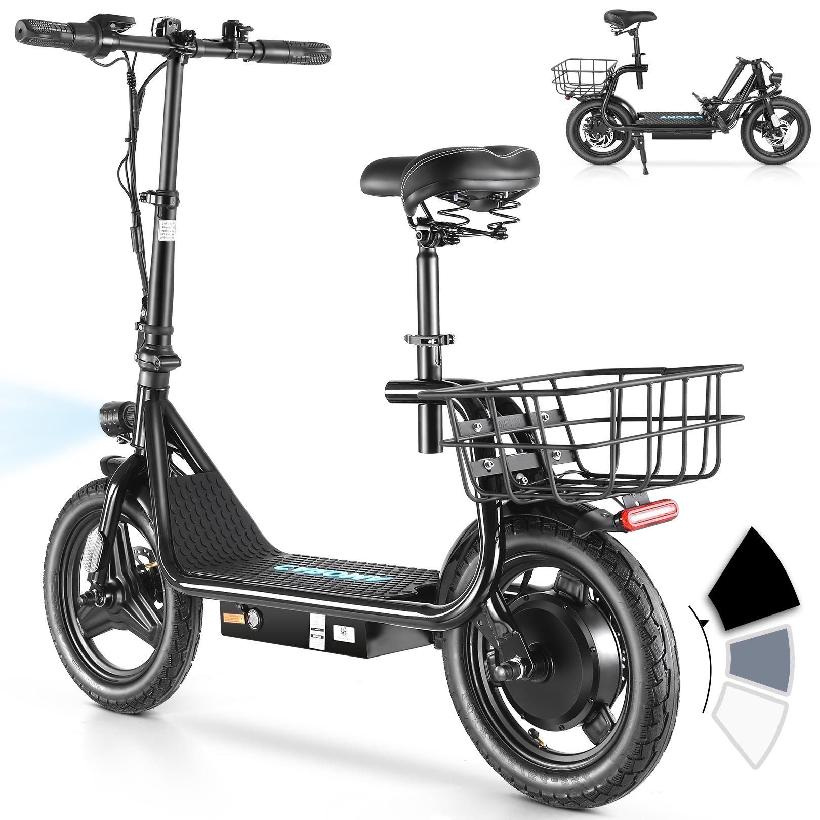 Caroma 350W Electric Scooter with Basket for Adult,15 Mile Range&20 MPH Top Speed,14" Fat Tires,Folding Electric Scooter with Seat, Black