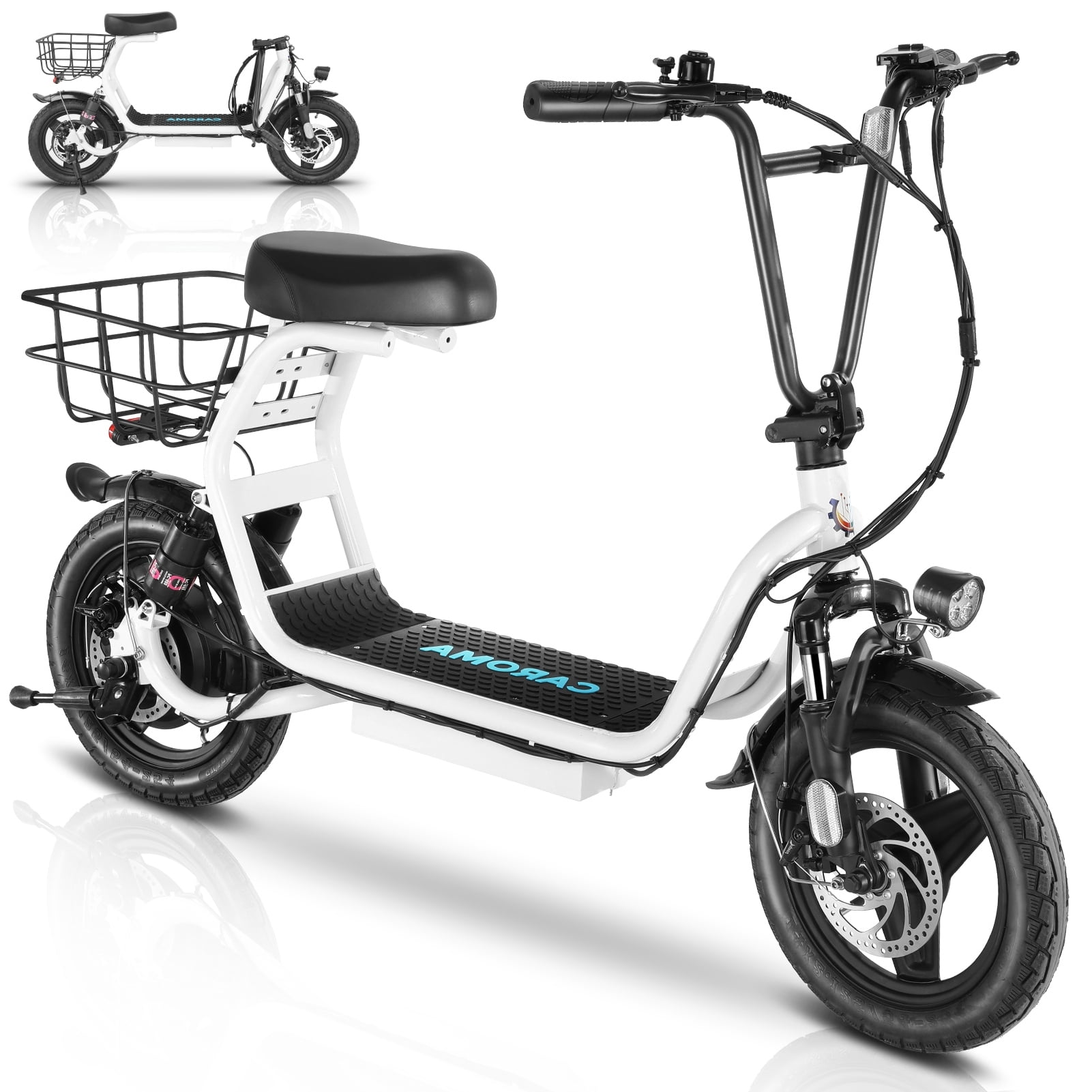 Caroma 500W Electric Scooter with Seat for Adult, 20 Mph Bike with Basket, 300lbs Max Load and