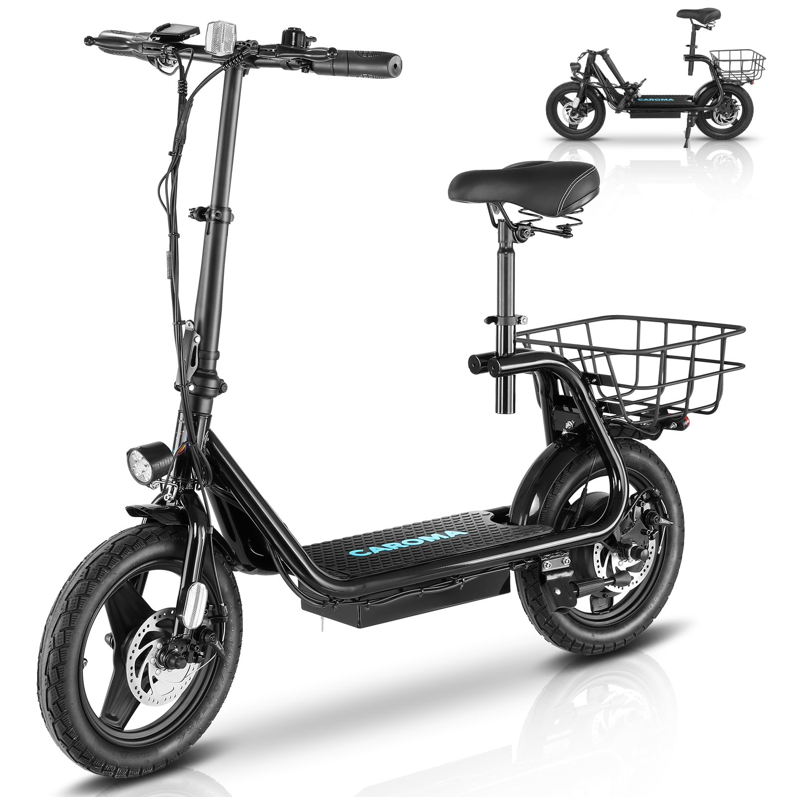 COBIZI Electric Scooter for Adults with Seat,Peak 819W Motor,Commuter Foldable Electric Scooter with Basket&14" Wheels,Up to 25 Miles 20Mph,Black