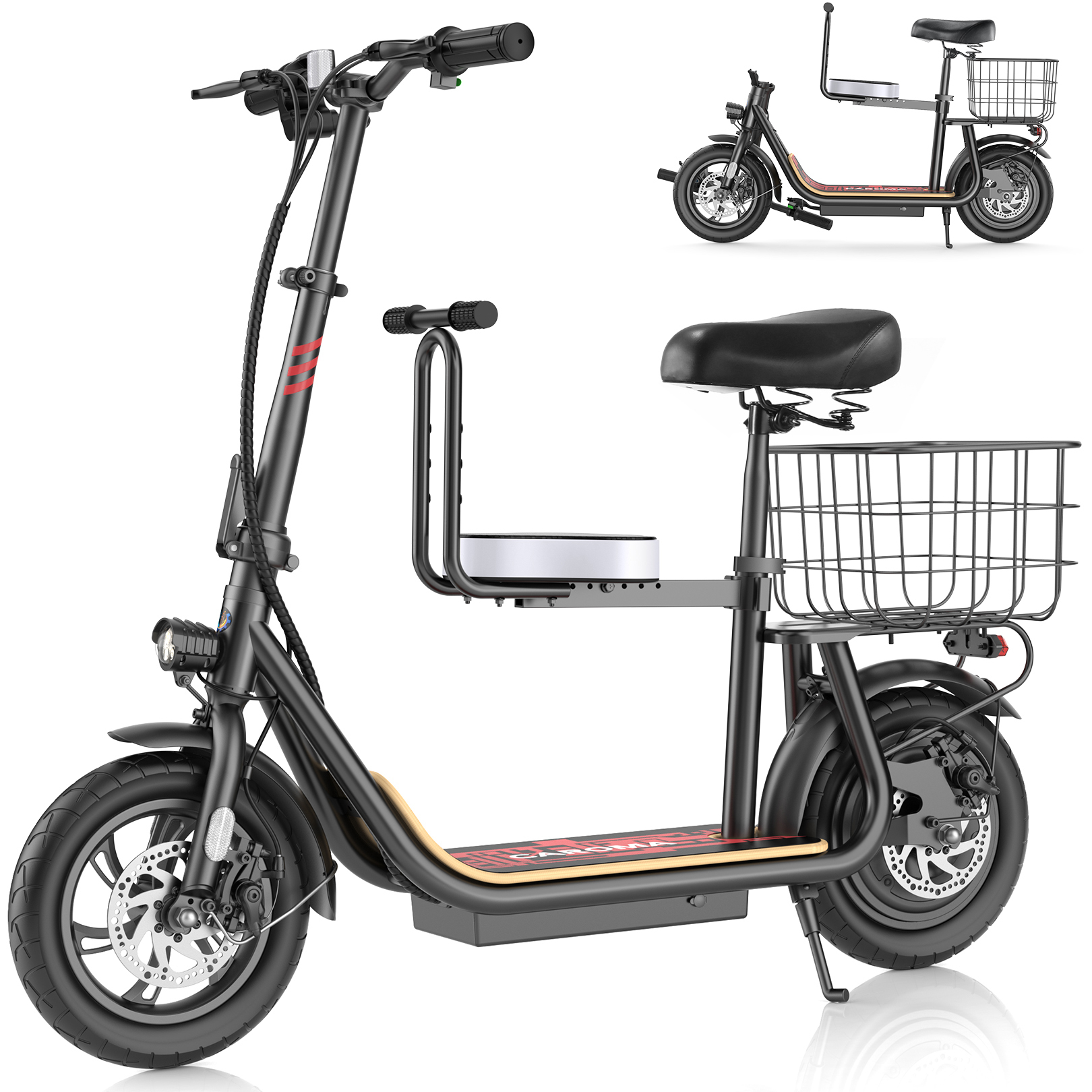 Caroma 560W Peak Electric Scooter with Seat, 15 Miles Max Range Electric Scooter for Adults&Teens, 20mph Top Speed Foldable Commuter Ebike, Adjustable E-Bike with Basket