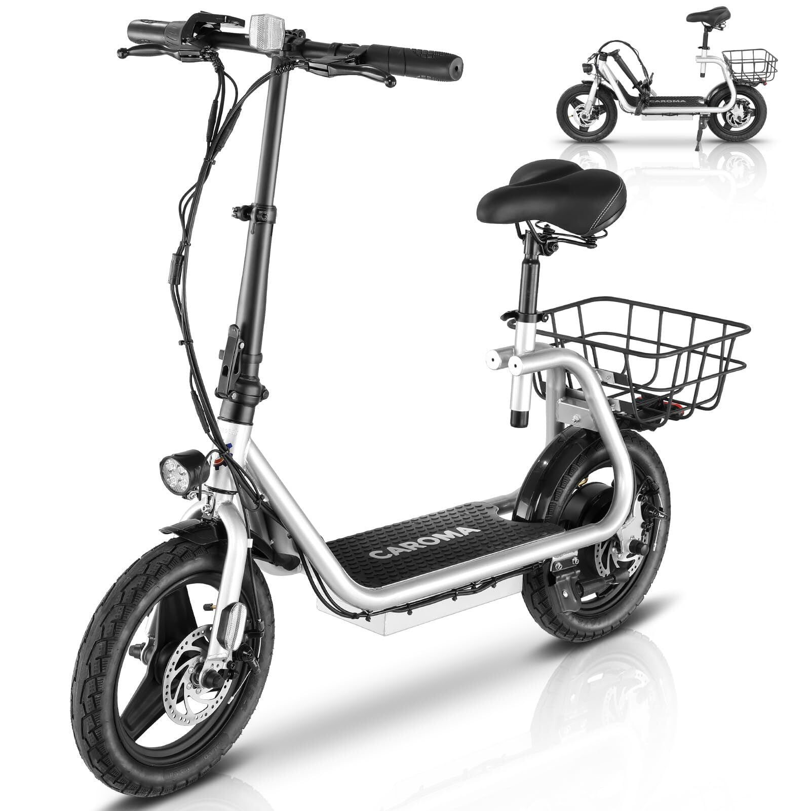 Caroma 800W(Peak) Adults Electric Scooter with Removable Seat, Max Speed 20mph Up to 25 Miles Range, 14" Tire for Commuting Scooter with Basket, Folding Electric Scooter, Silver - image 1 of 9