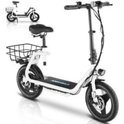 Caroma 800W(Peak) Electric Scooter with Seat for Adult, 14" Commuter Electric Scooter with Dual Shock Absorbers and Basket - Up to 25 Miles 20 MPH, White